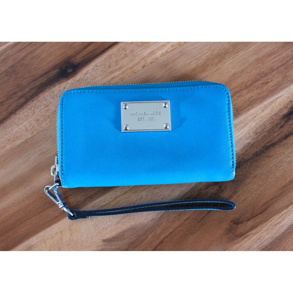 Michael Kors Wristlet Wallet Blue Saffiano Leather Jet Set Zip Around